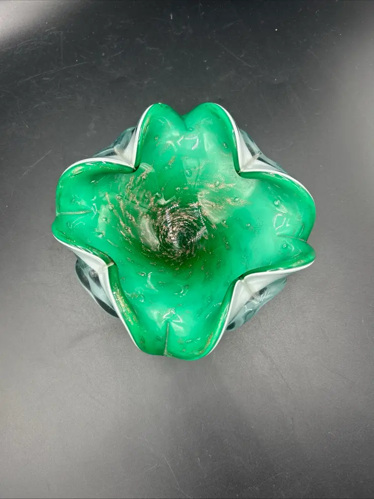 Vintage Art Glass Green Gold Fleck Aventurine Bullicante Bowl Dish Ashtray