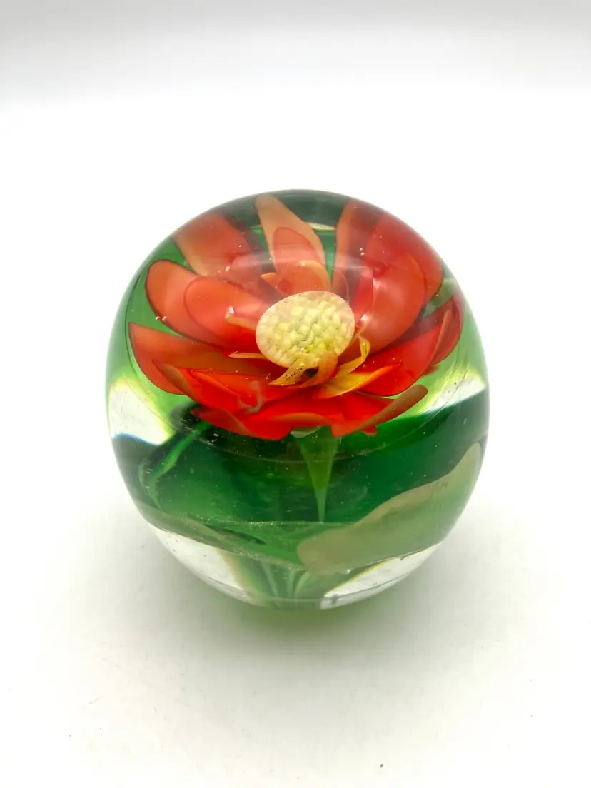20 - Vintage Mid-Century Chinese Paperweight Orange Yellow Crimp Rose 2.75” As Is