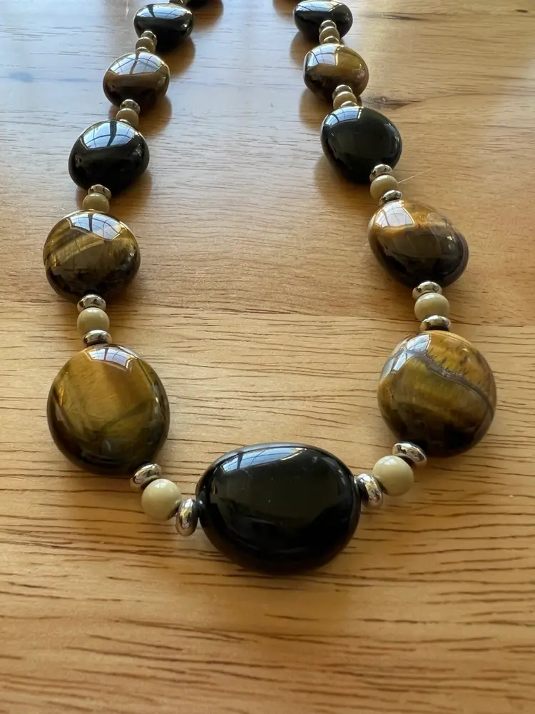 Vintage Tiger Eye Black Lucite Chunky Beaded Sterling Toggle Necklace