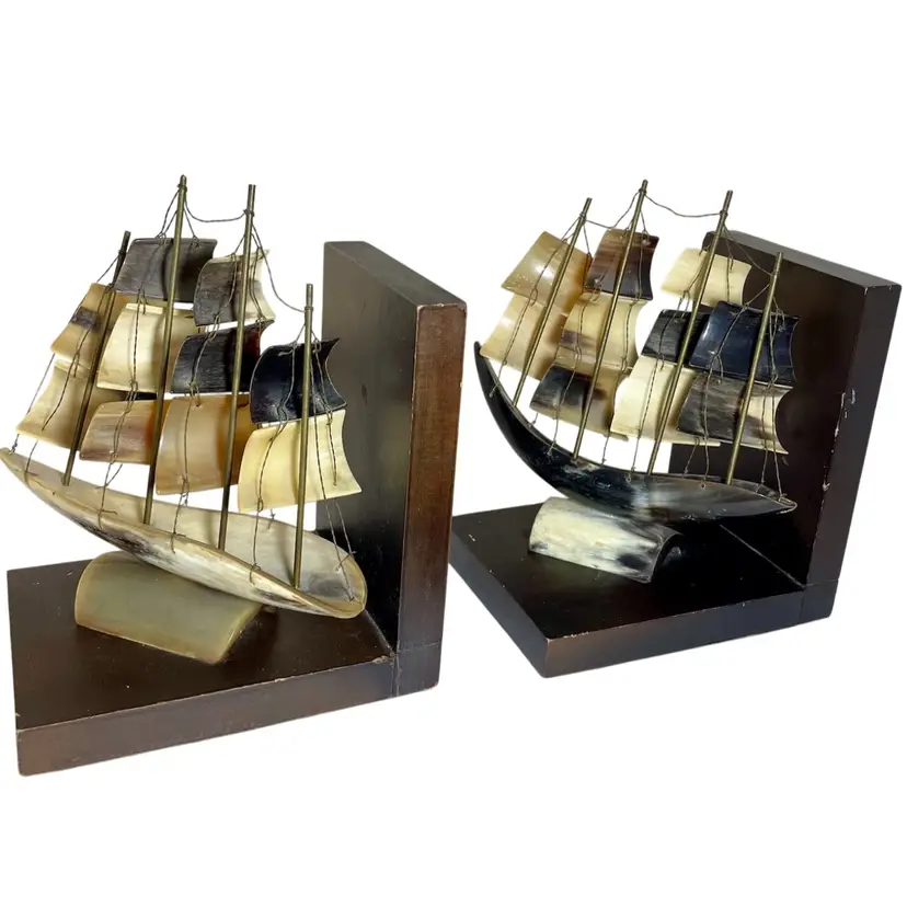 Cow Bull Horn Pirate Ship Sailing Boat Nautical Ocean Vintage Carved Bookends