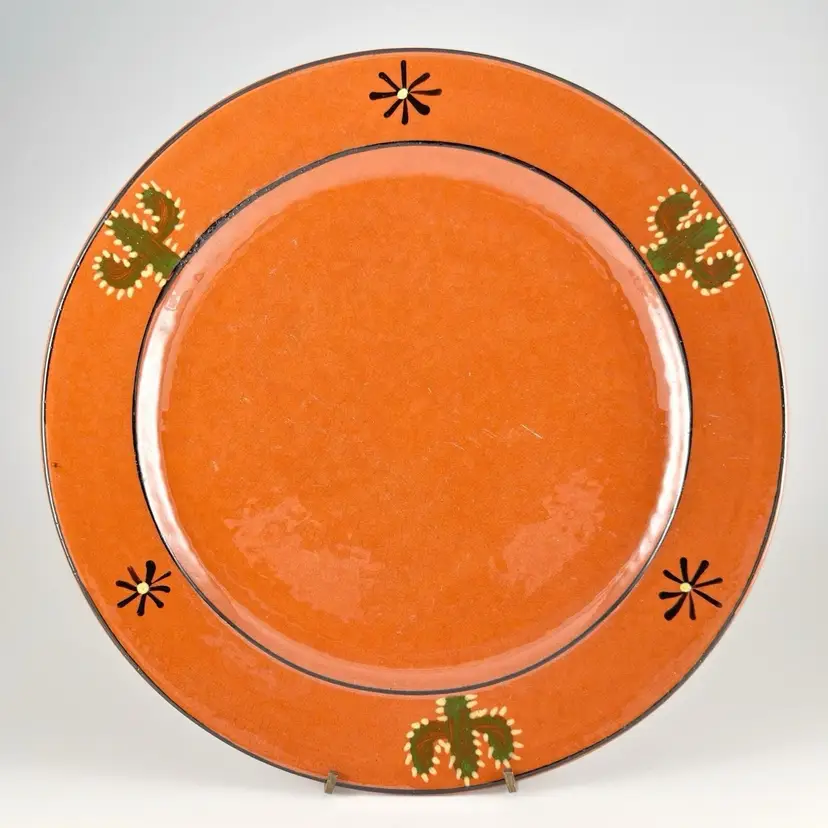 Rowe Pottery Cactus Dinner Plate Hand Painted Redware Southwest Cambridge WI Vtg