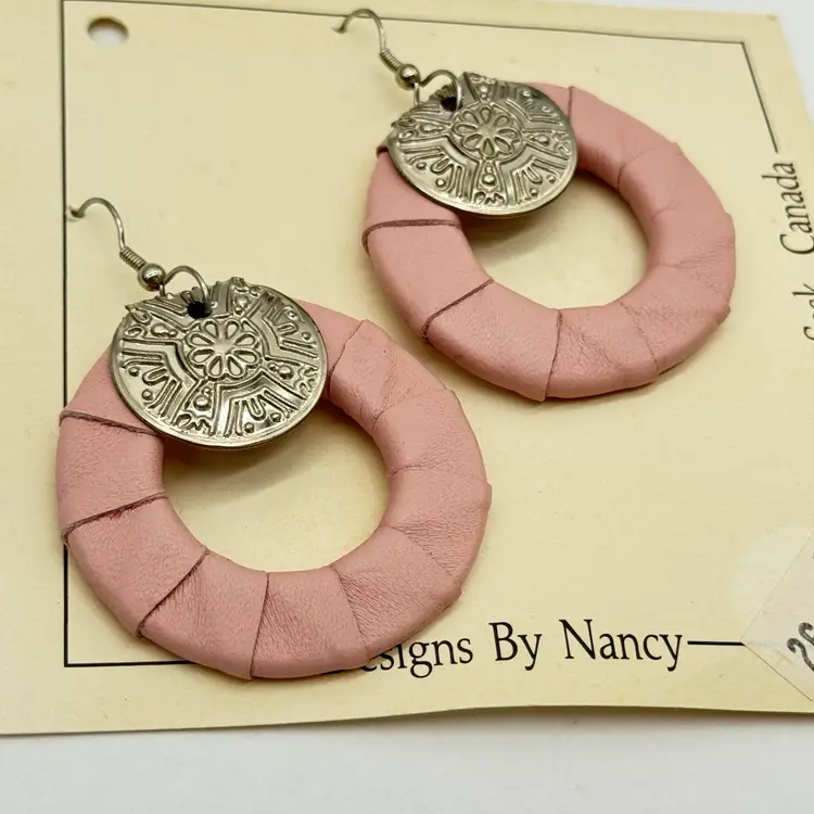 Vintage 1980’s Hand Made Dangle Earrings Leather Metal Mixed Material Retro OOAK