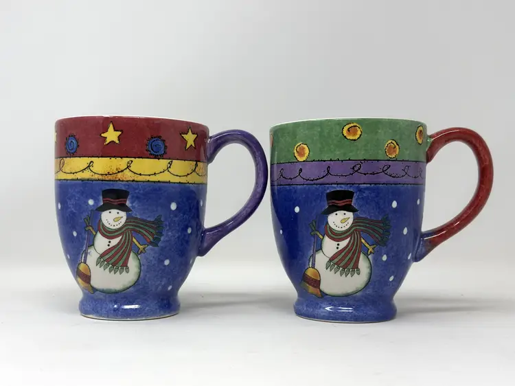 Sango Sweet Shoppe Christmas Mug Pair – 14oz Stoneware, Snowman Art, 2002 Collectible