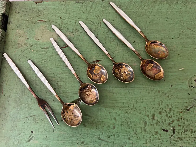 David Anderson Sterling Demitasse Spoons & Condiment Fork. DA Norway Silver. Scandinavian Mid Century, Enameled MCM