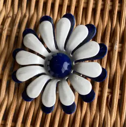 Small Enameled Flower Brooch In White/Blue 2”