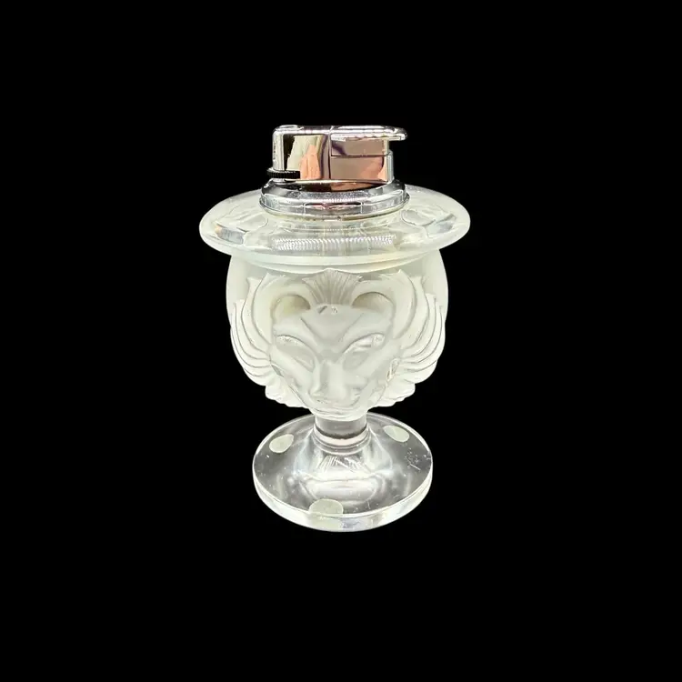Lalique Frosted Tete de Lion Head Vase Cigarette Lighter Footed Signed Crystal