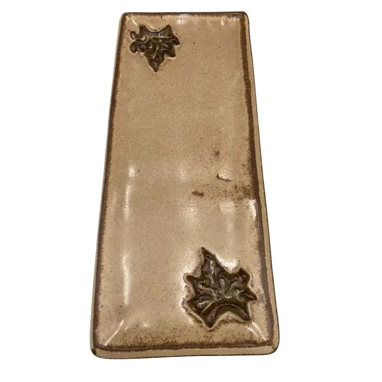Studio Pottery Long Serving Tray, 12" x  5", Applied Leaves, Signed