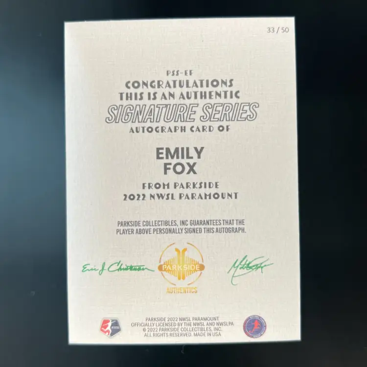 Emily Fox 2022 Parkside Paramount NWSL Blue /50 Autograph Soccer Card