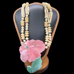 vintage Lee Sands mother-of-pearl inlay pink hibiscus flower necklace