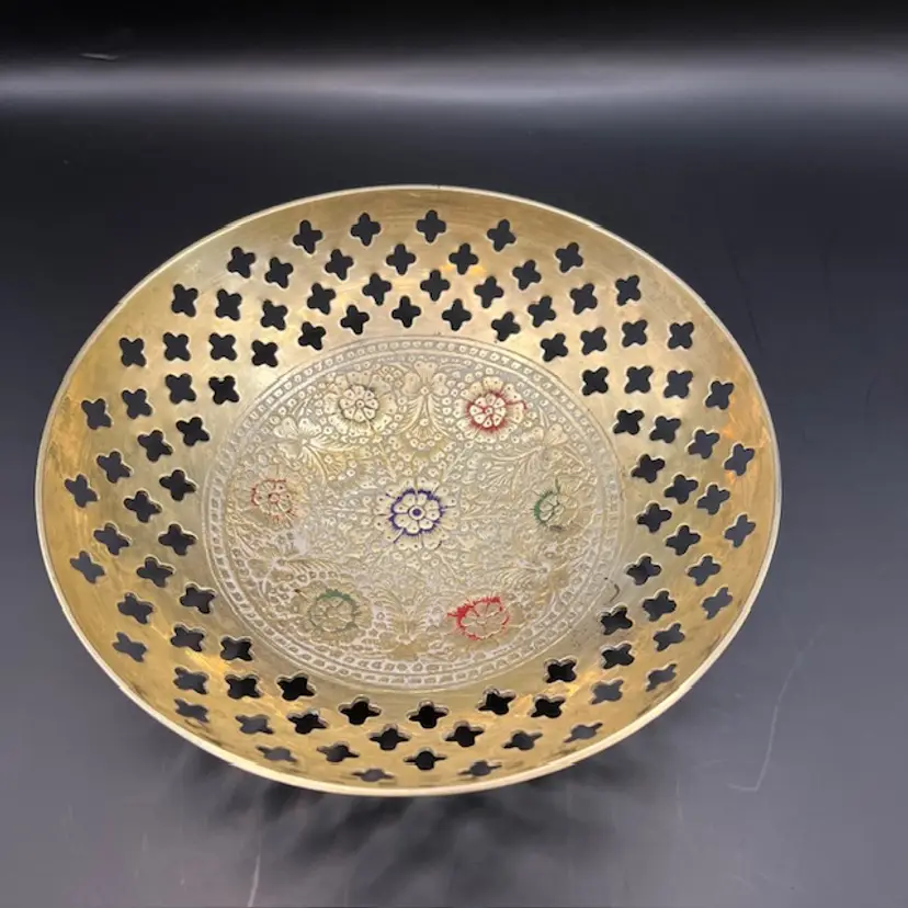 Vintage Brass Bowl Etched Enamel Pierced Lattice 6.5" *read