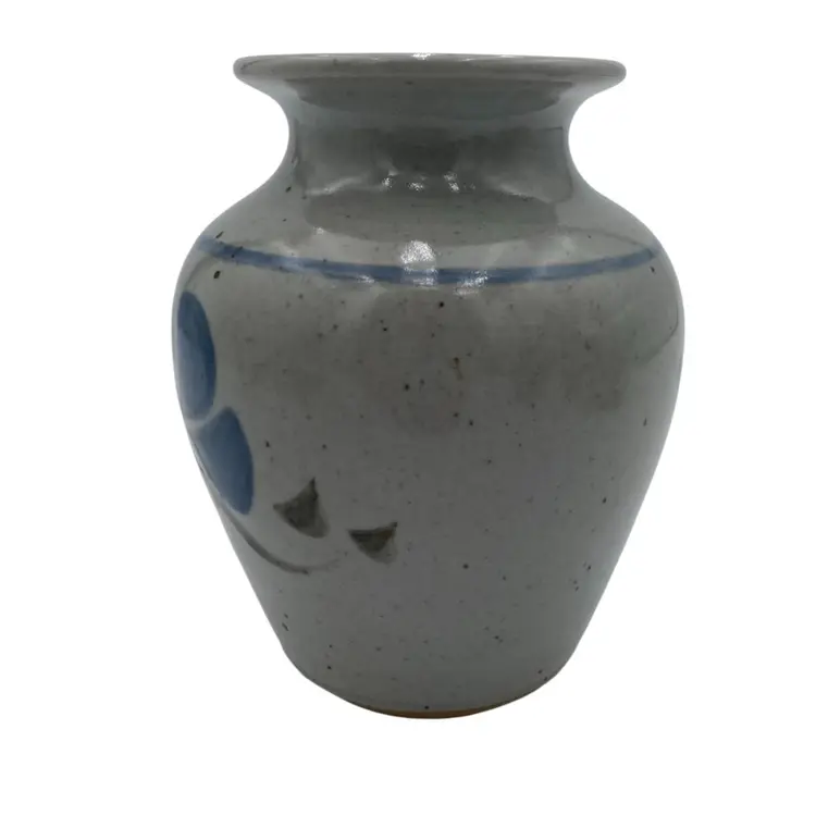 Vintage Studio Pottery Speckled Stoneware Vase, 5.5", Blue Floral, Signed