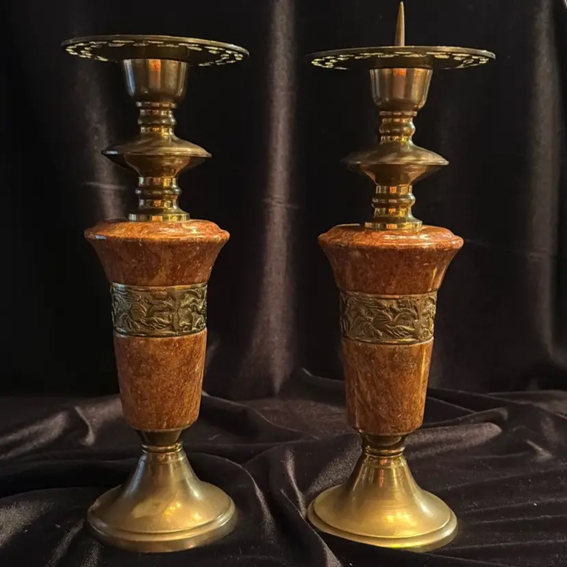 Gorgeous Pair of Vintage Brass and Marble Candlesticks
Hollywood Regency Style / Mid Century Modern