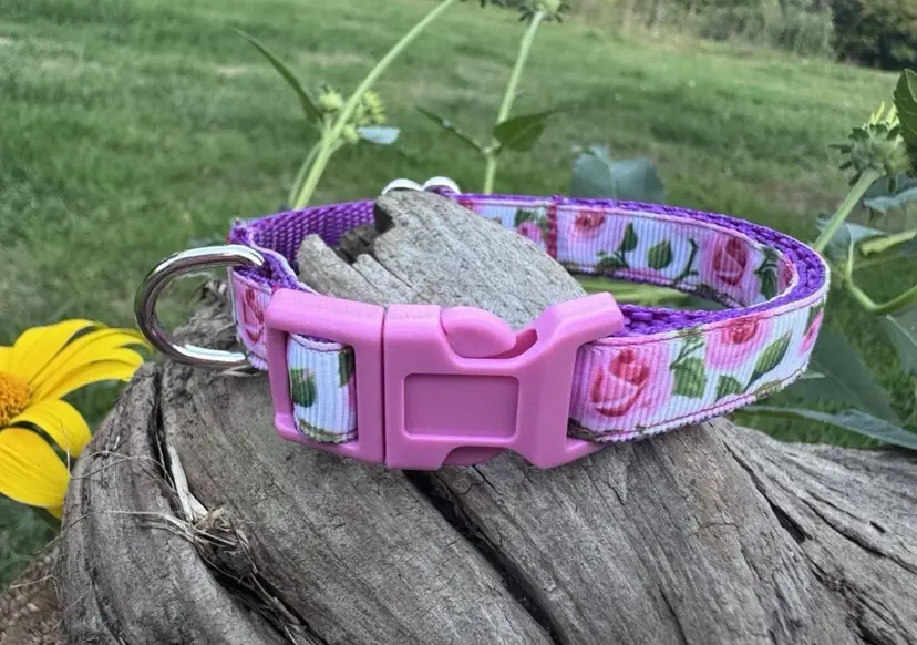 Dog/Cat/Puppy Heavy Duty Collar Pink With Flowers Roses Small Handmade NEW