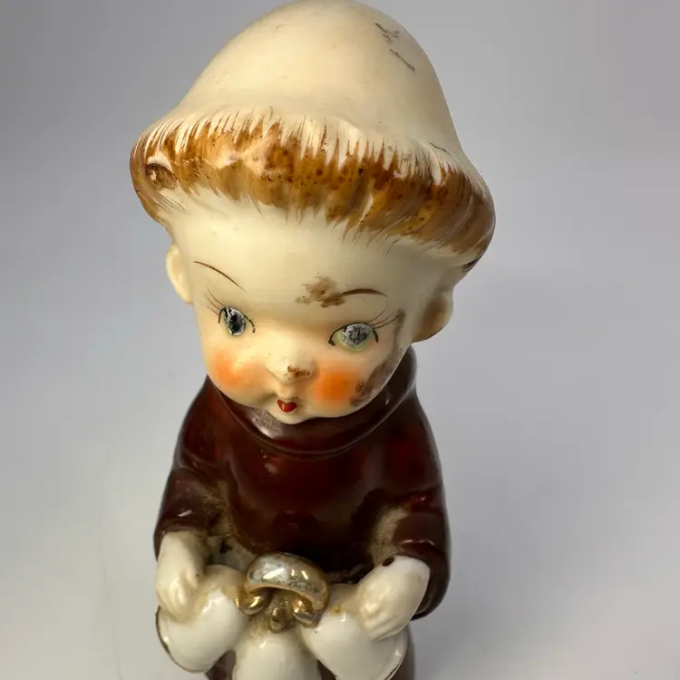 Vintage Boy Monk Figurine porcelain japan Singing Praying bells book 5.5"