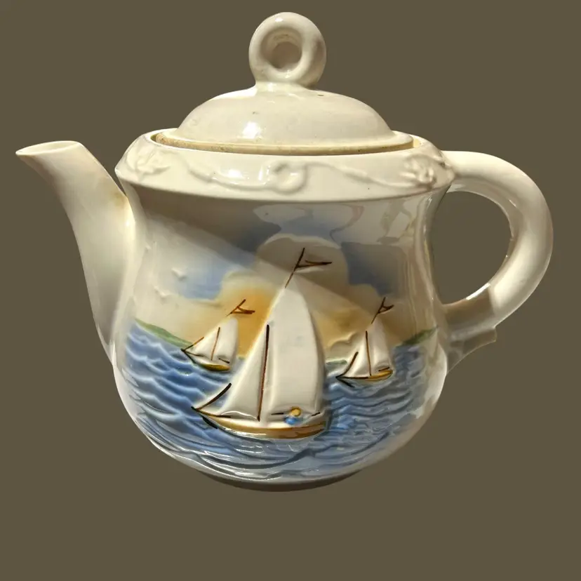 #01 018 Nautical Sailboats Porcelier vitreous China 9" x 9" teapot USA