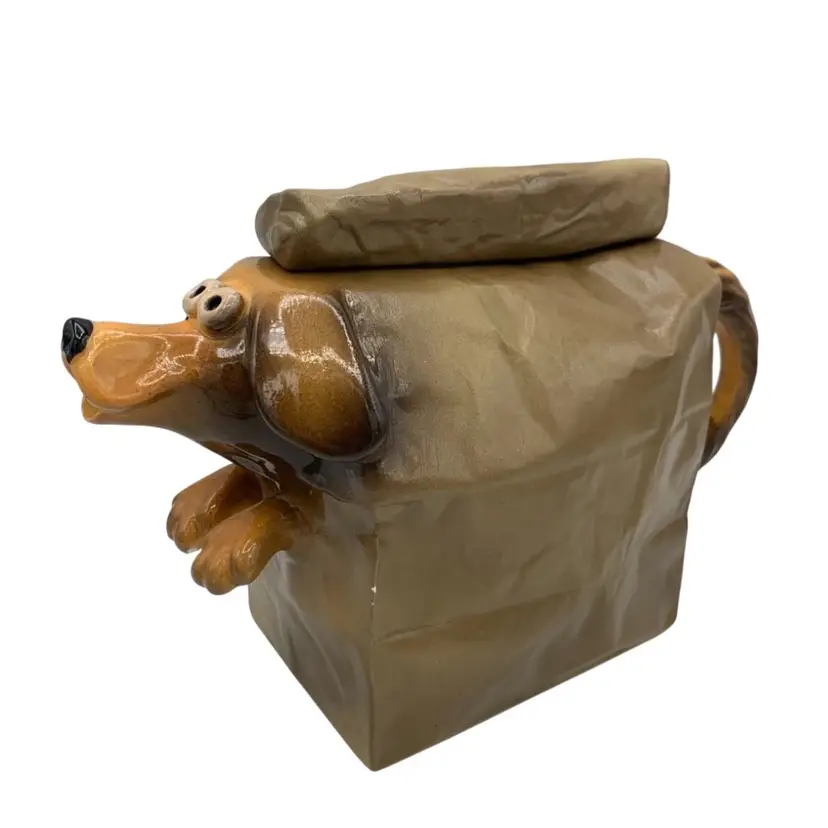 Vintage Doggie Bag Tea Pot Pottery Brown Paper Bag Signe John Garth
