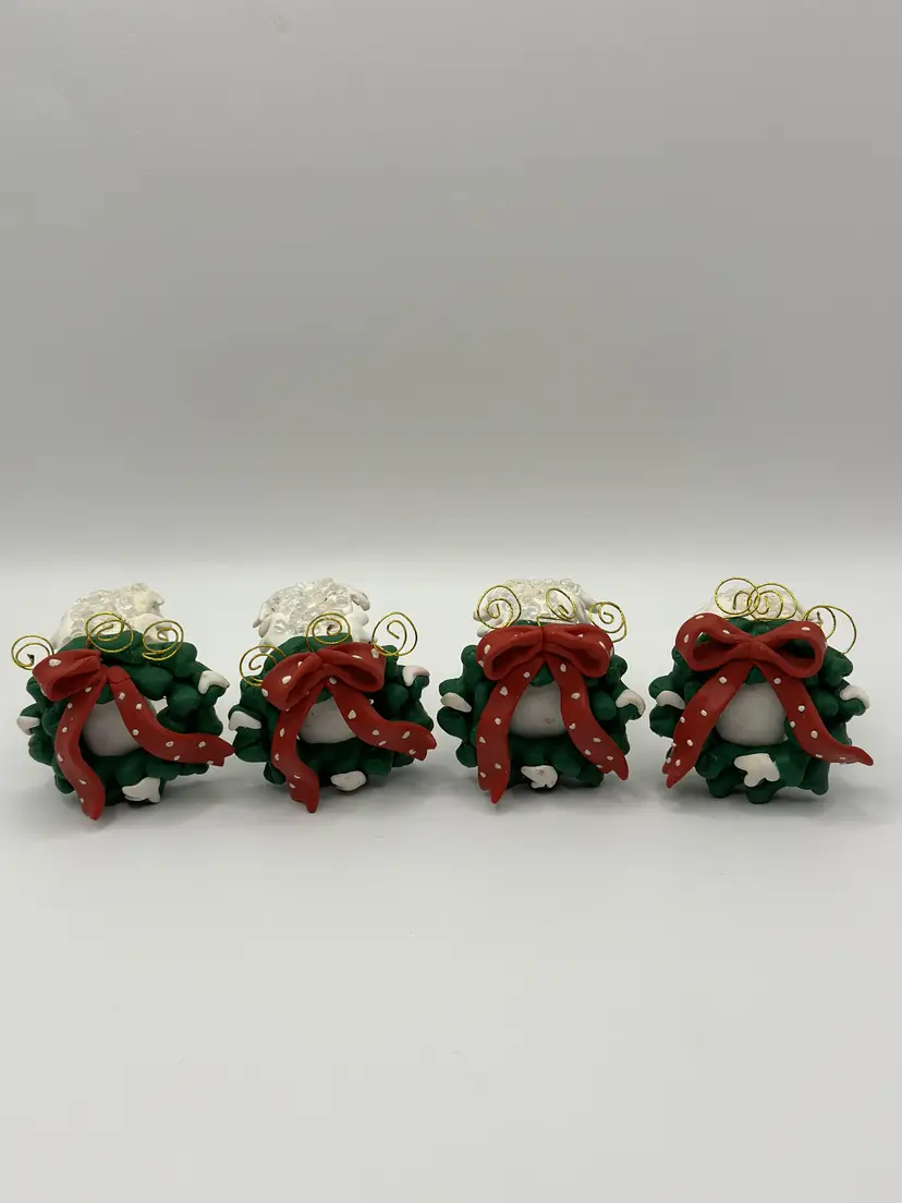Vintage 1970’s Homemade Salt Dough Christmas Wreath with Red Bows Napkin Rings, Made By My Sister