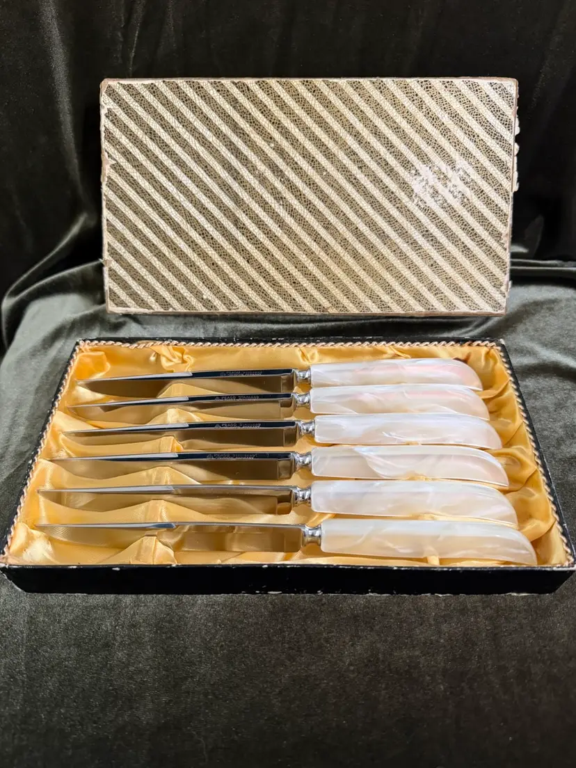 Set 6 Vintage Peaso Solingen Stainless Steel Mother of Pearl Steak Knife Set Germany In Original Box!