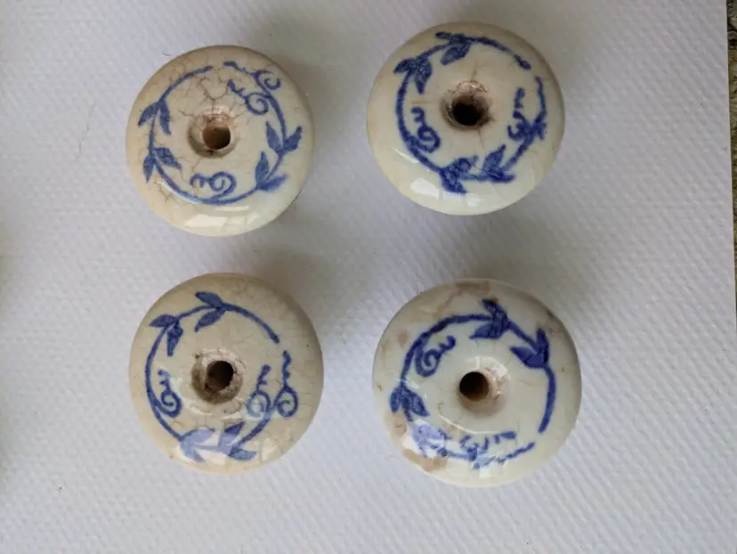 Antique Blue & White Crazing Patina Floral Ceramic Cabinet Knobs