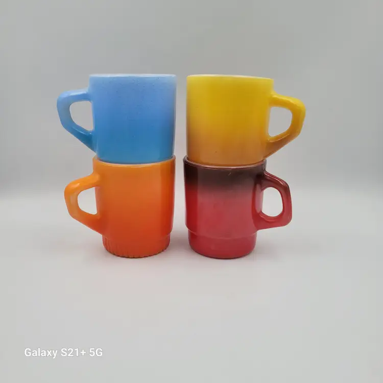 MCM Fire King Anchor Hocking Milk Glass Blue, Yellow, Red and Orange Stackable set of 4Mugs