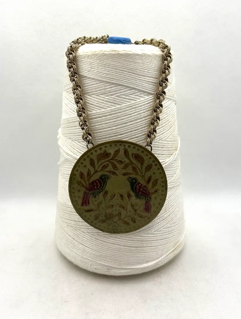 Vintage Lee Bernay enameled brass double bird pendant on a metal rope chain