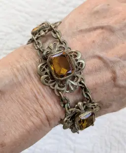 Antique Czech Brass Tone Bracelet with Amber Colored Faceted Glass