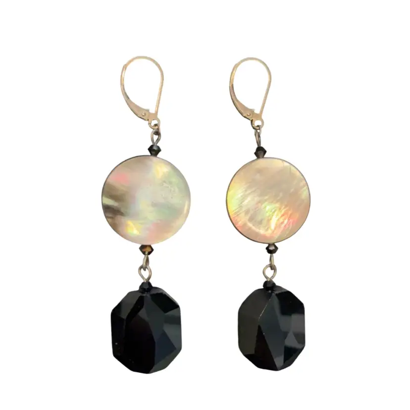 Vintage Sterling Silver Mother Of Pearl & Faceted Onyx Dangle Drop Earrings 3”, 14.9g