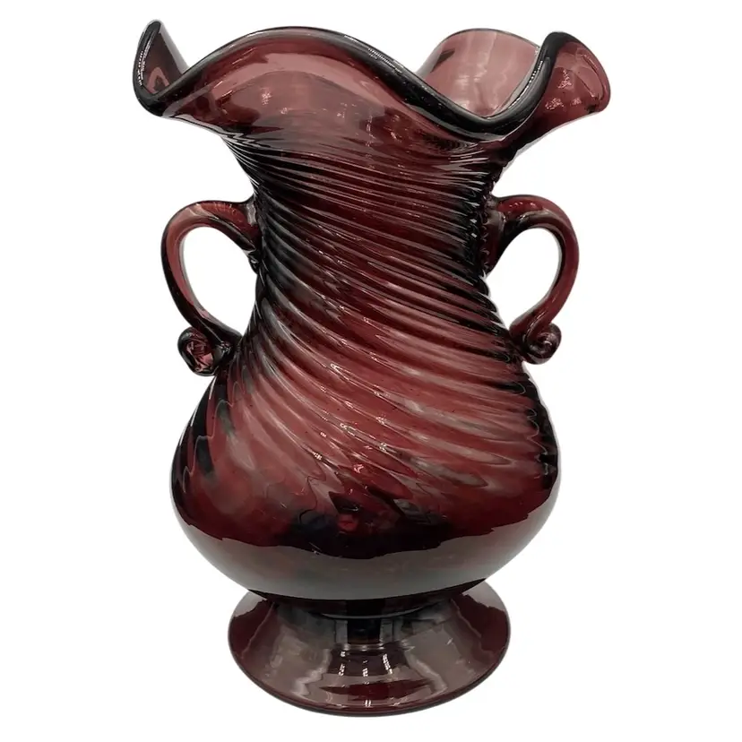 Vintage 1940s Avalos Glass (Mexico) Vase, Hand-Blown, Swirled & Ruffled, MINT