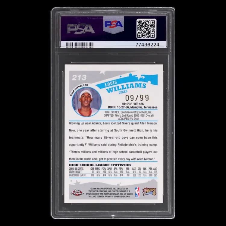 2005 Topps Chrome Louis Williams Rookie Gold Refractor /99 PSA 9