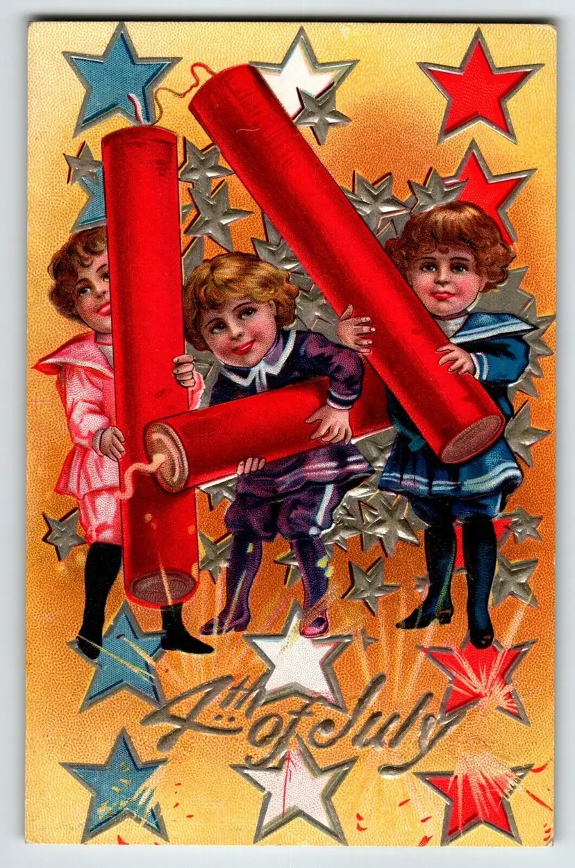 4th Of July Postcard Girls With Giant Fireworks Firecrackers Stars Unposted