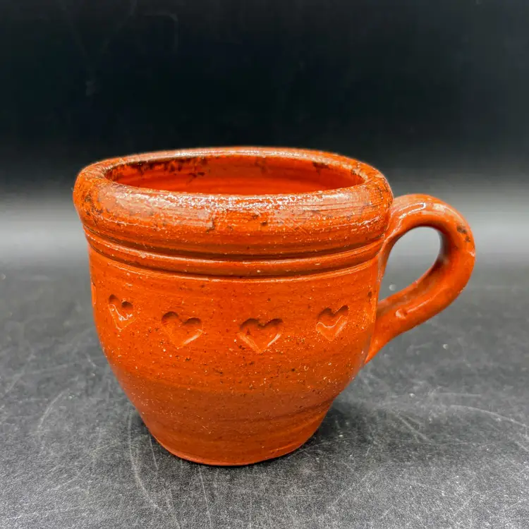 Foltz Studio Art Pottery Redware Coffee Mug Impressed Heart Design Artist Signed