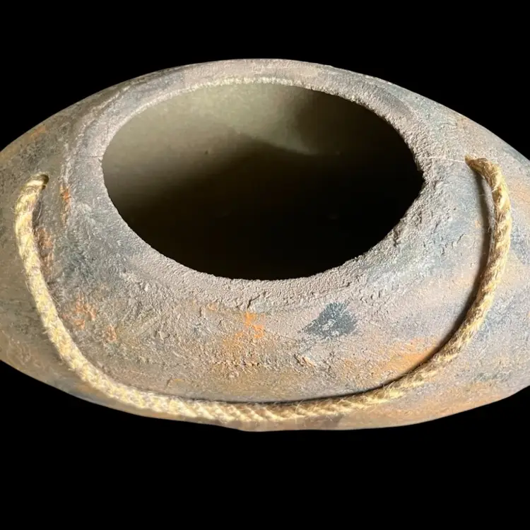 #01 SEE PICS!!  Pottery Free Standing Vase-Decorative Accent. Maybe Made of Clay? Has Textured, Rustic Finish & Appears Weathered. It is Round, Flattened Shape w/ Rope Handle and a Central Metal Medallion w/ Fish Motif on Both Sides