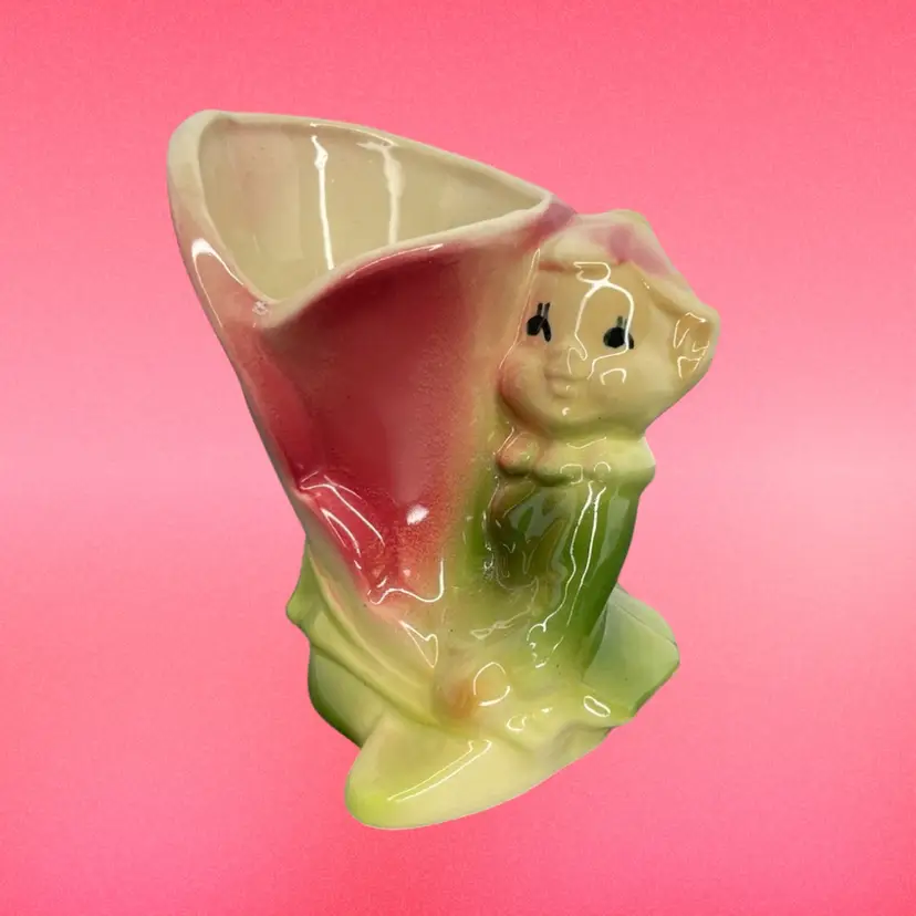 Vtg Shawnee 4” Pottery Pixie Elf Calla Lily Vase Planter Christmas Kitschy MCM