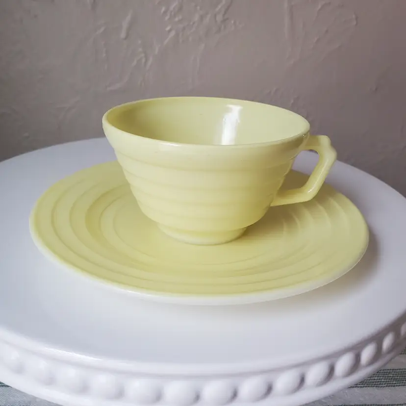Hazel Atlas Moderntone Platonite Yellow Coffee Cup and Saucer