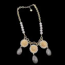 Plunder Gold Tone Purple Beaded Tan Floral Crystal Statement Necklace 20”L