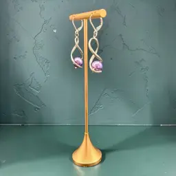 Vintage Modernist Purple Faux Pearl Dangle Earrings Silver Tone Artisan Handmade