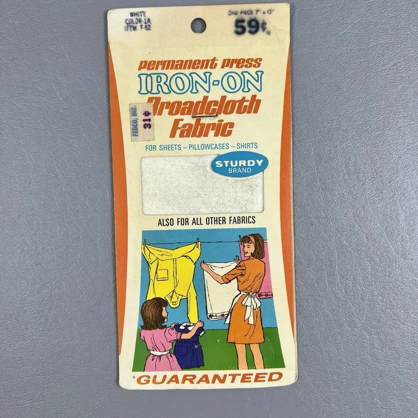 Vintage 1969 Iron-On Broadcloth Fabric Patch White Mid Century Laundry Graphic Sewing Ephemera