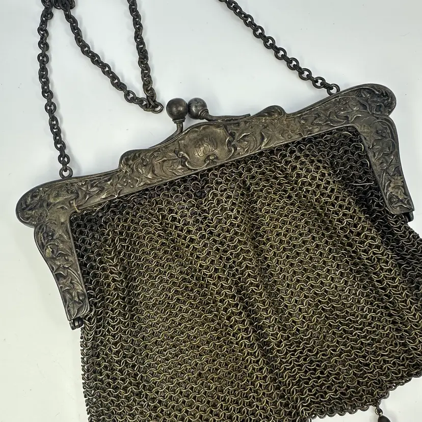 Antique German Silver Chain Mail Link Flapper Metal Mesh Bag Purse