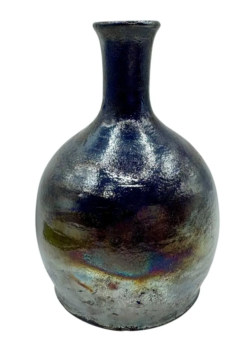 Handmade Studio Art Raku Pottery Bud Vase Metallic Blue Black Iridescent 5.5”