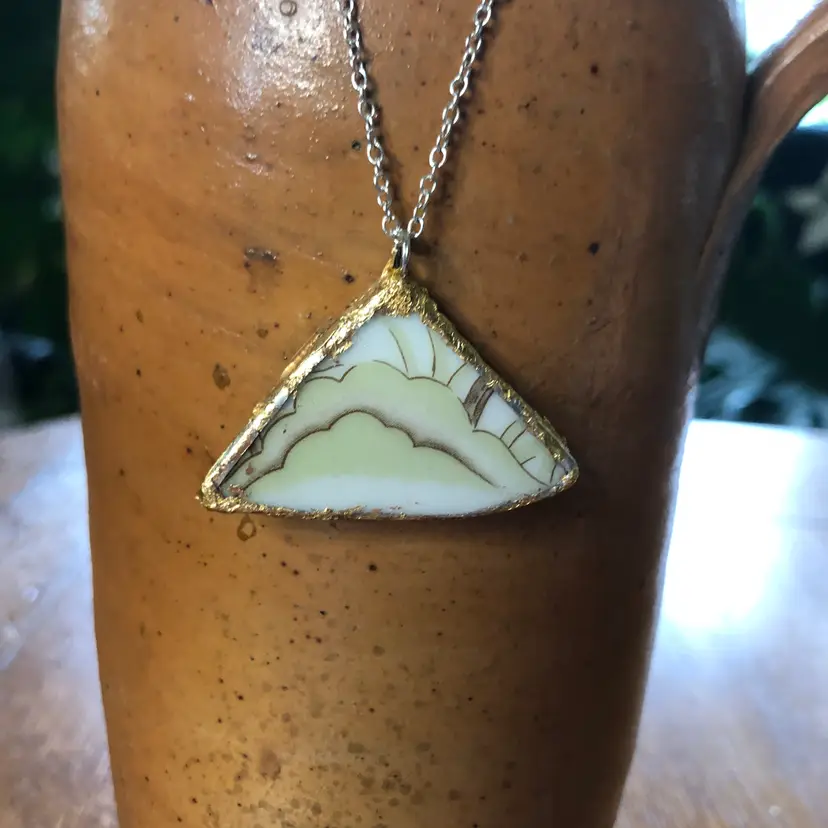 Oodelally Shop Broken Pottery Artisan Made Pendant Style House Rose Garden Made In Japan Plate Handcrafted Necklace 1.5in x 1in