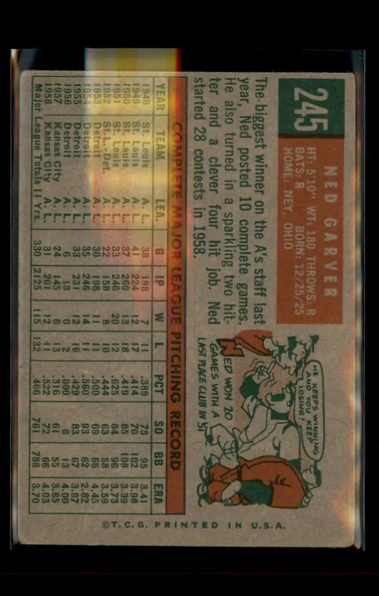 1959 Topps #245b Ned Garver - (pk4) - Kansas City Athletics