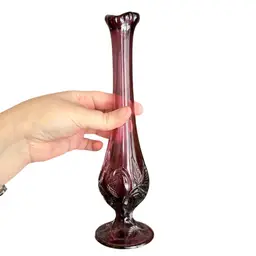 Vintage Fenton Glass 10” Amethyst Swung Bud Vase, Strawberry Pattern