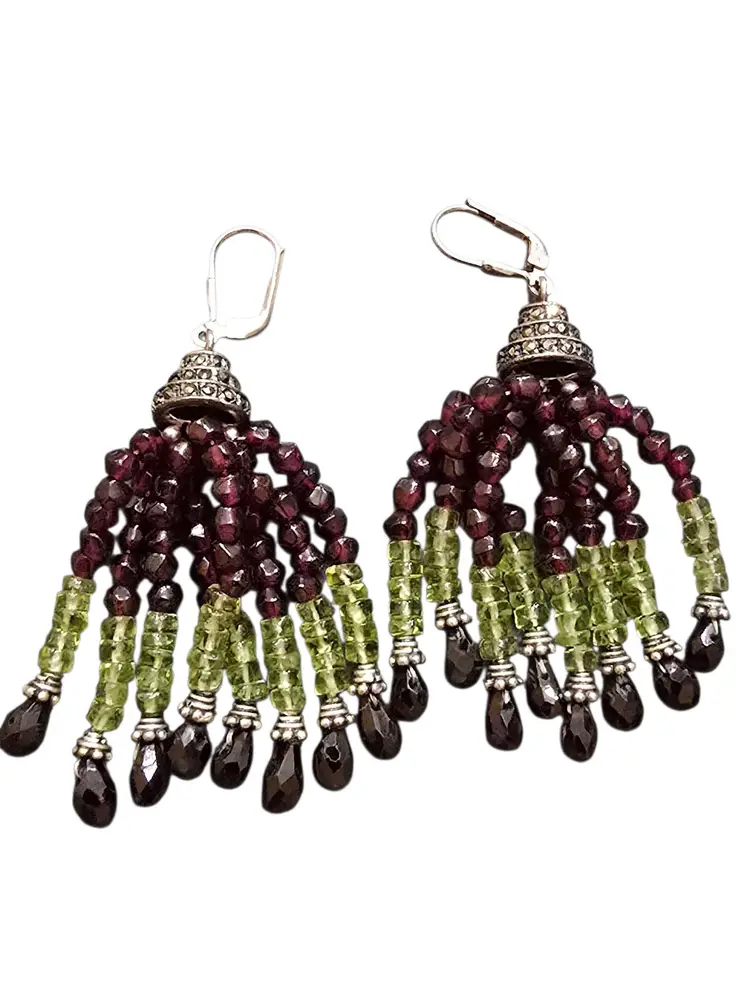 Beautiful 925 Marcasite And Semi Precious Stone Tassel Earrings (A9491)