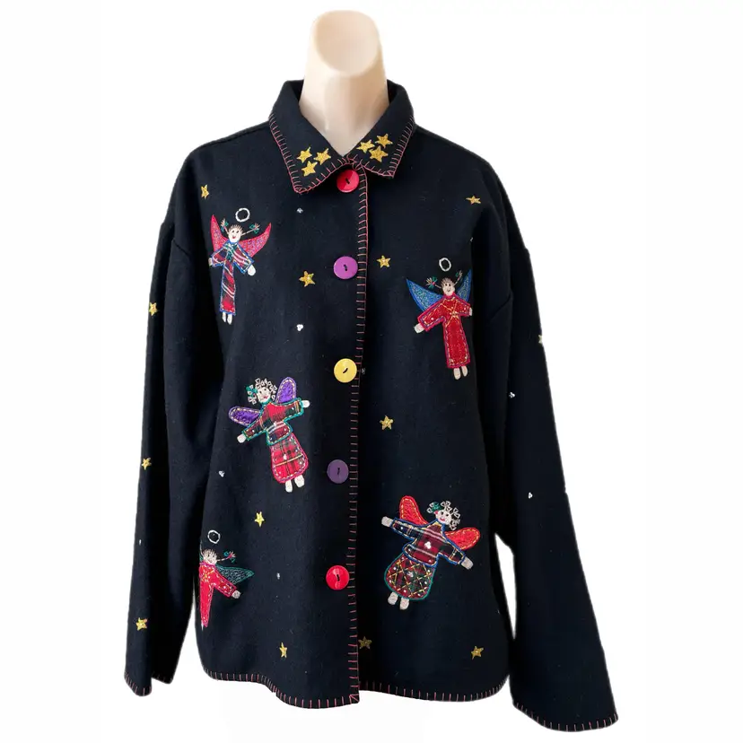New Direction XL Wool Jacket Holiday Black Christmas Blazer Embellished Angles Vintage