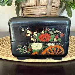 Japanese Black Lacquer Jewelry Trinket Bento Box w/ Flower Cart Decor 3 Pieces
