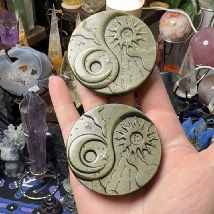 Golden Sheen Ying Yang Disc With Acrylic Stand