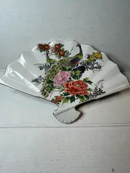 Vintage Japanese Porcelain Fan Trinket Dish Peacock W/ Flowers Scalloped Edge