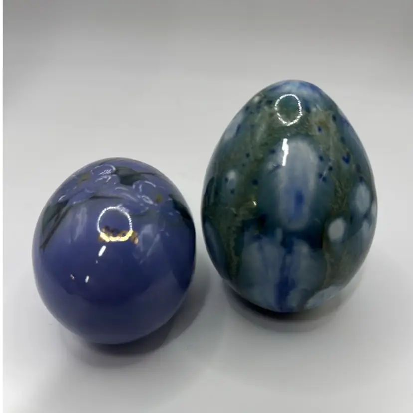 Ceramic Decorative Eggs Painted in Purple with hummingbird and Blue and Green