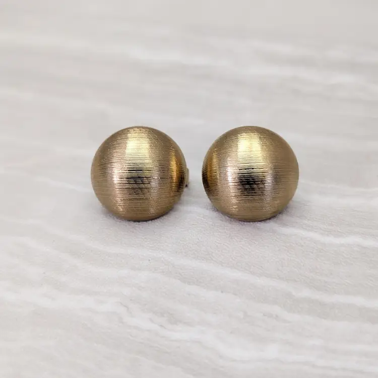 Vintage Clip On Earrings Domed Circle Button Style Brushed Lines Gold Tone