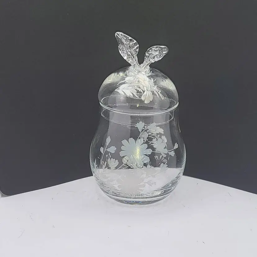 Vintage Etched Glass Apple-Shaped Trinket Dish/Vanity or Powder Jar with Lid 6.5" x 3.5"